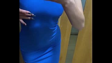 Sultry Blue Dress Babe Stains Her Fabric with J...